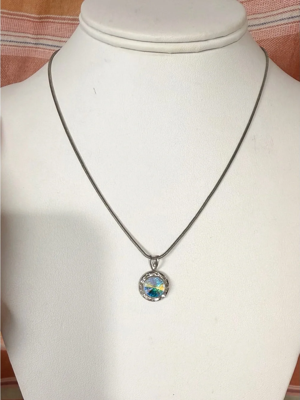 Avon Silver Necklace with Iridescent Blue-Green Pendant + Earring Set